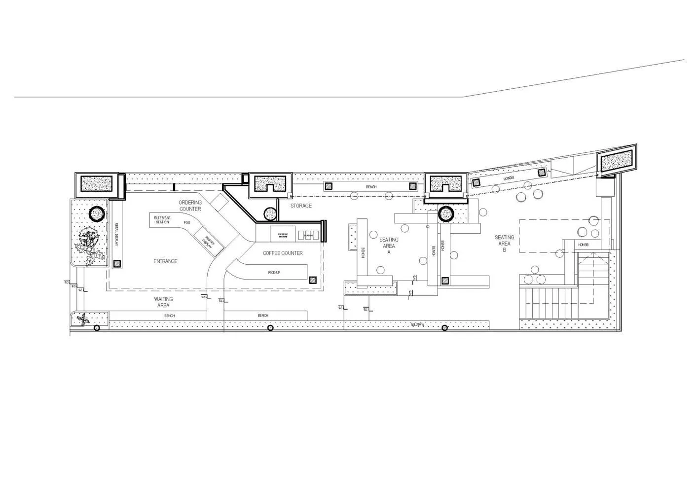 A detailed architectural floor plan of a coffee shop featuring a concrete floor, glass display cases, and a wooden seating ar