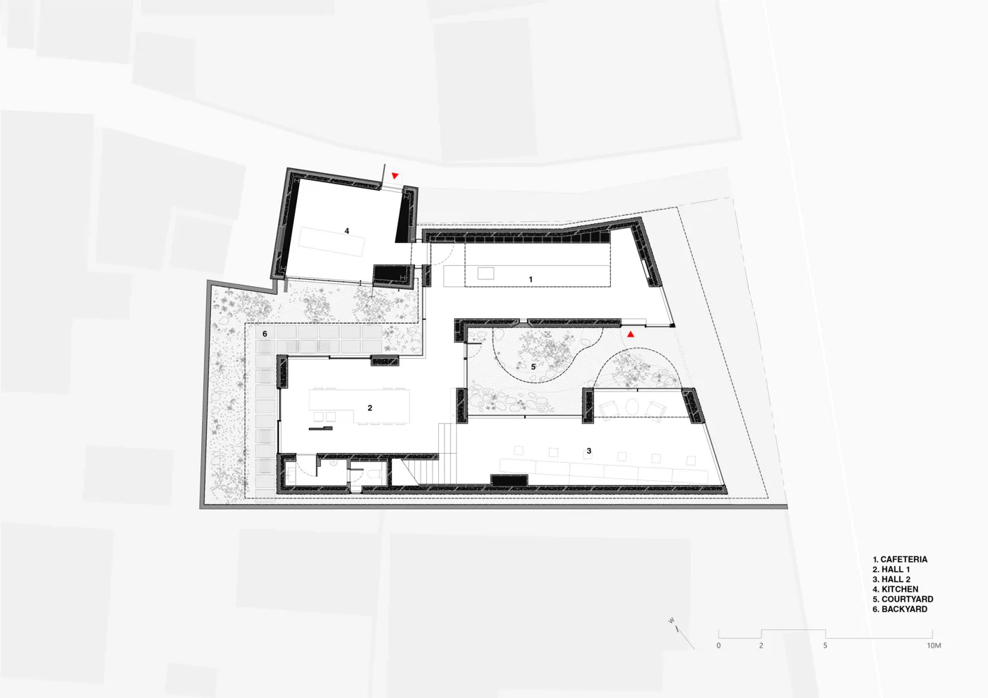 現代校園建築採用混凝土與玻璃材質,呈現平面圖配置。