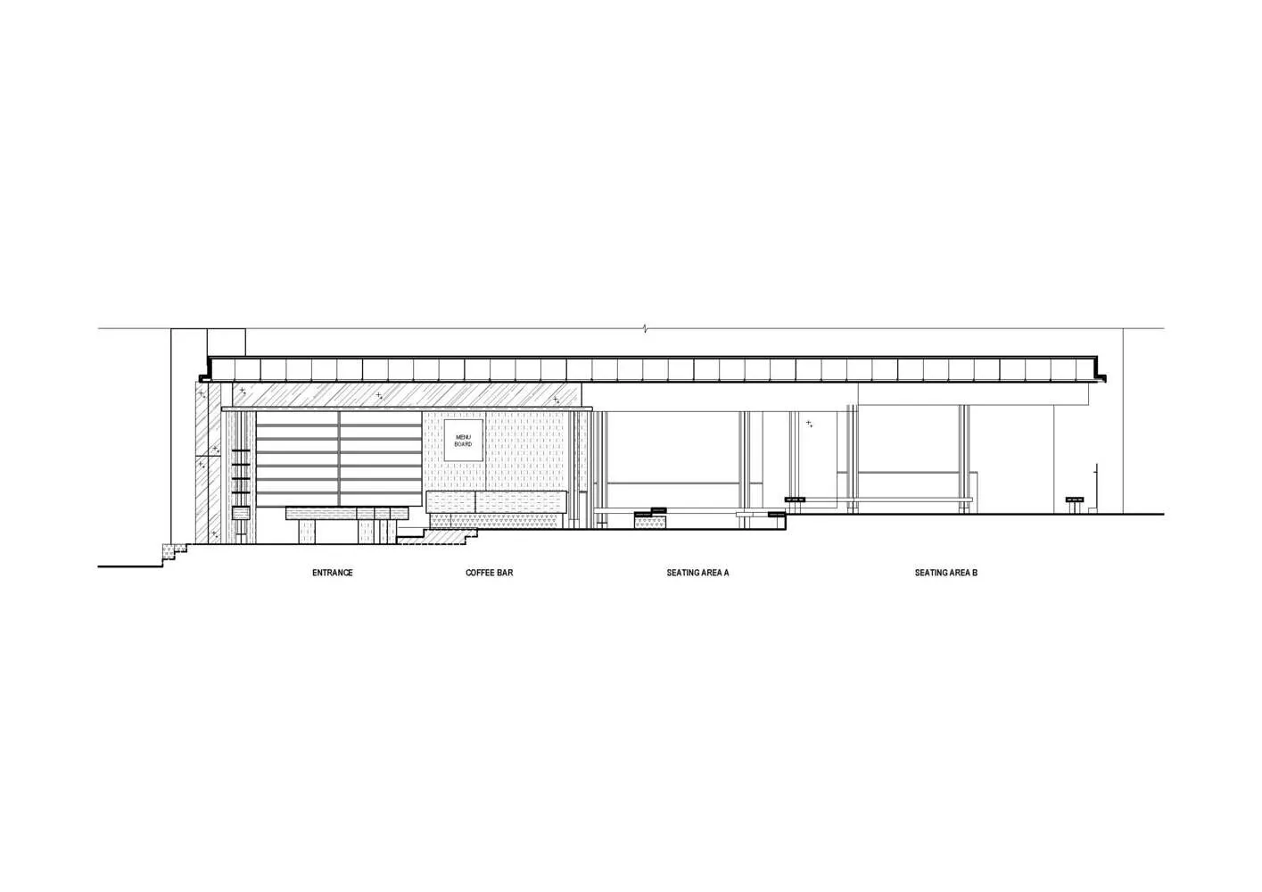 Cross-sectional view of a modern coffee shop interior with metal, steel, glass, and concrete materials.