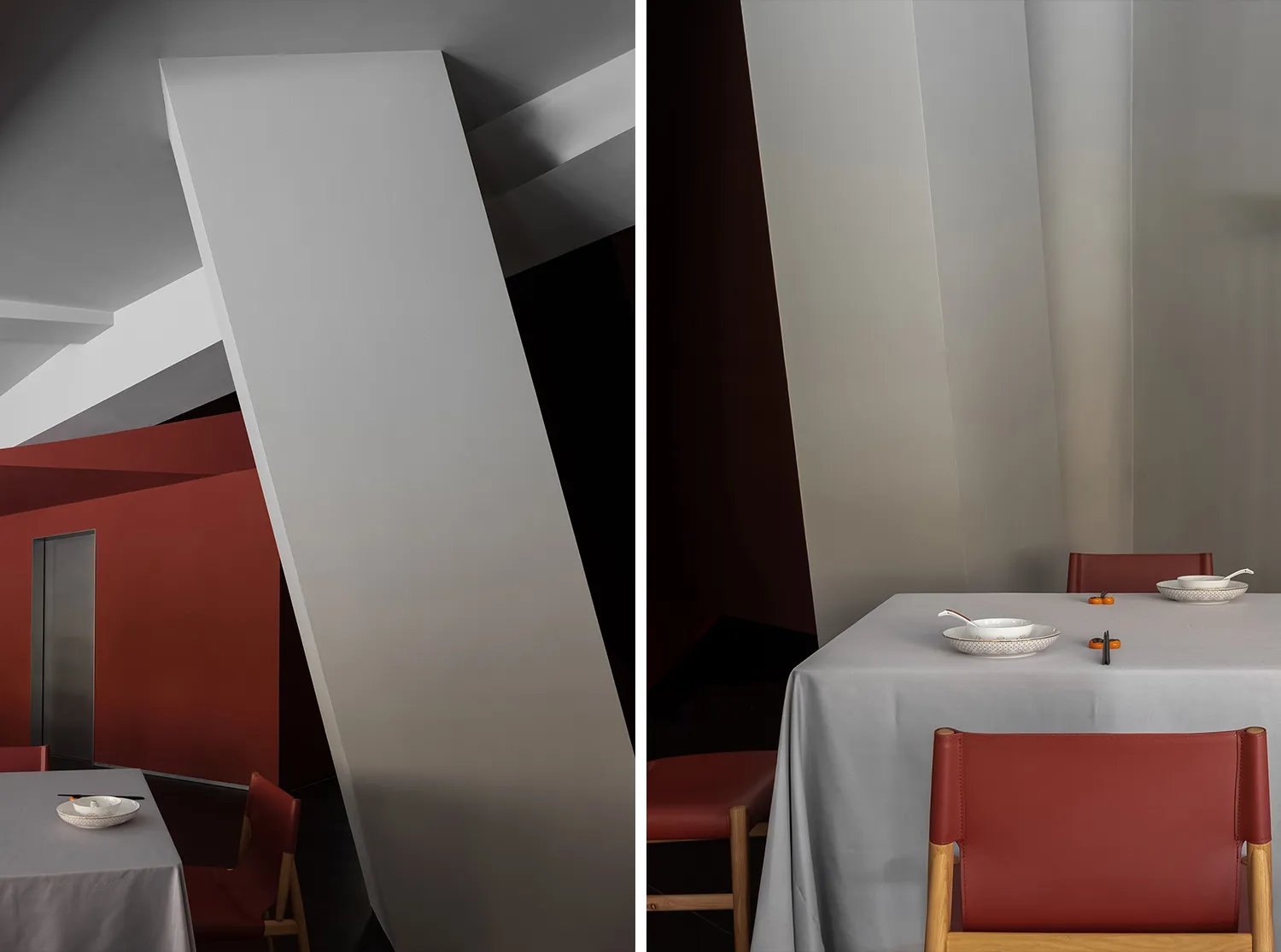 Modern restaurant interior with gray fabric walls and tables, showcasing contemporary design features.