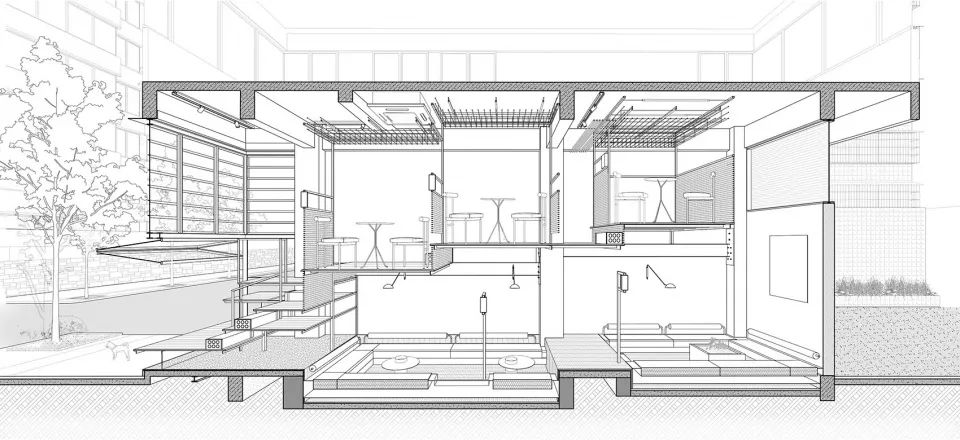 Cross-sectional architectural drawing of an industrial-style interior design with open-concept layout, glass walls, metal bea