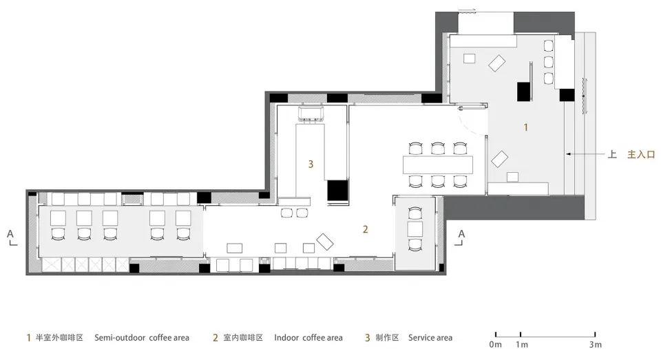 Interior floor plan layout of a coffee shop with three distinct zones: semi-outdoor coffee area, indoor coffee area, and serv