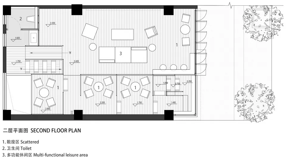 A detailed architectural blueprint of an indoor leisure and relaxation area featuring scattered seating, multi-functional lei