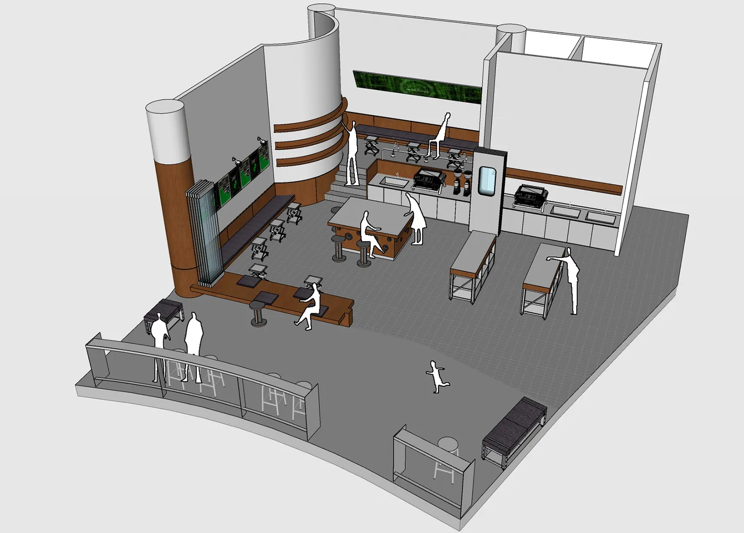 Modern restaurant kitchen with concrete, wood, and metal materials