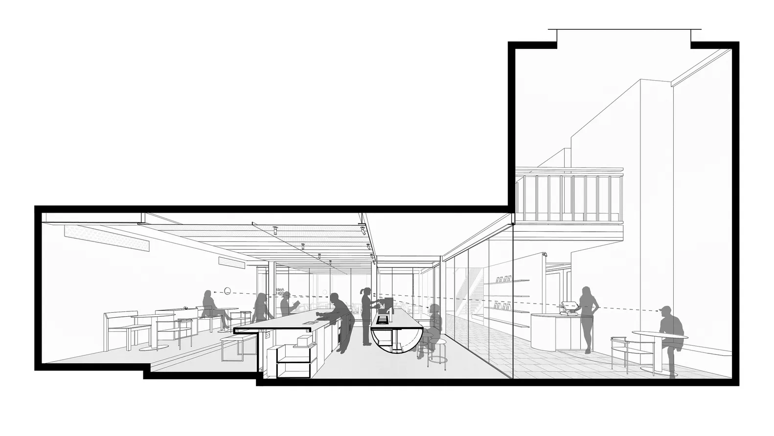 Modern cafe interior with glass walls, concrete floors, and metal accents