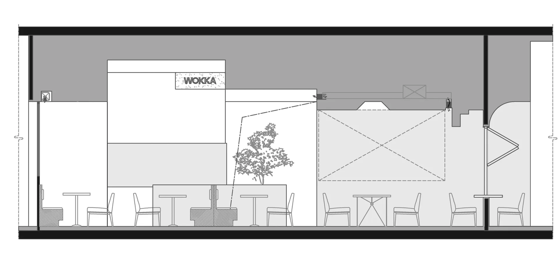 Interior design plan for a restaurant featuring neutral colors and functional zoning.