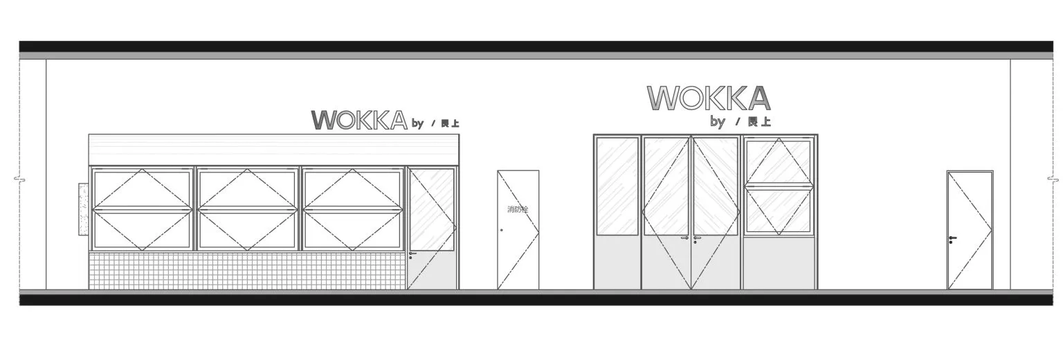 Floor plan of a retail storefront with glass walls, metal railings, and concrete floor.