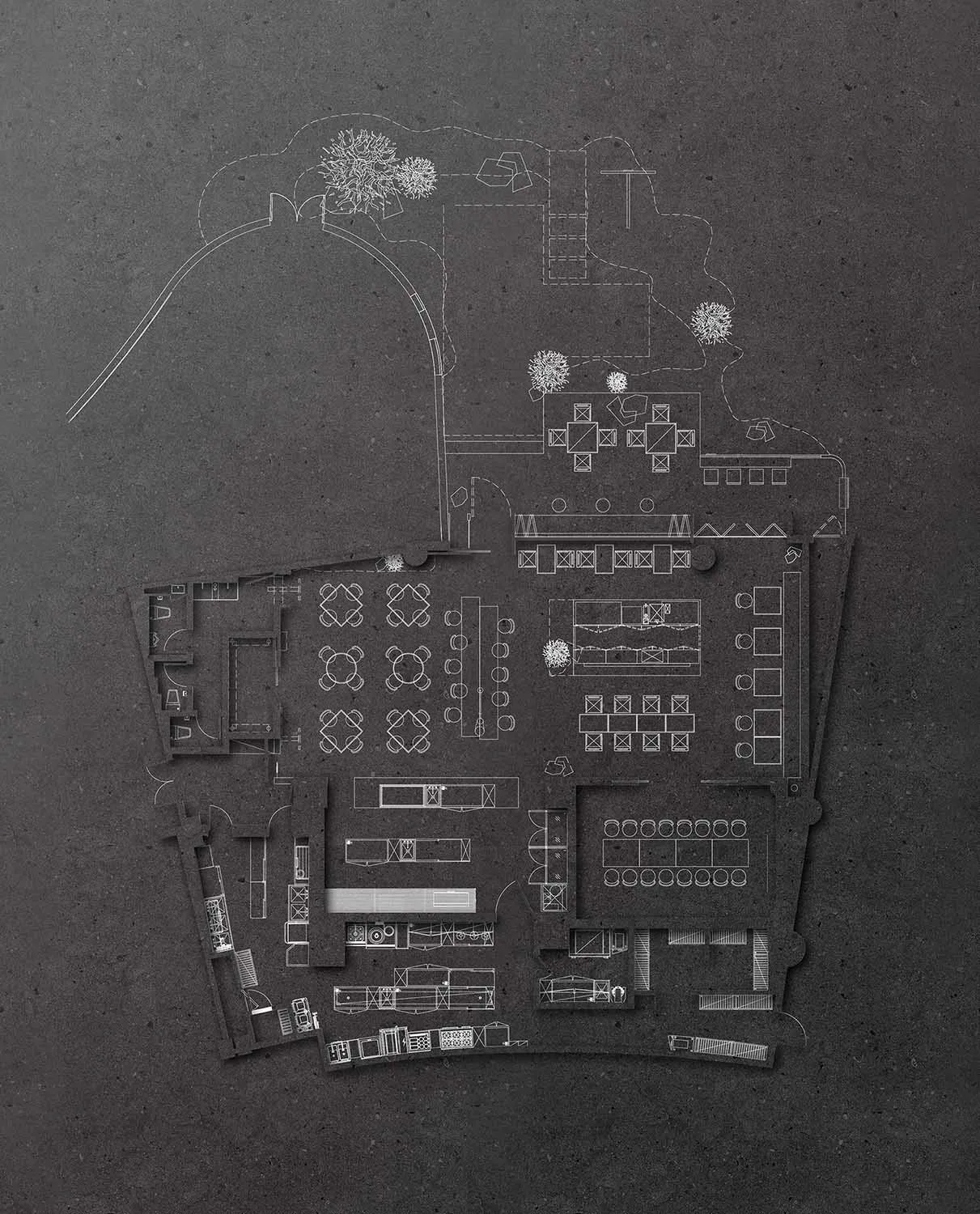 Architectural blueprint of an industrial-style office space