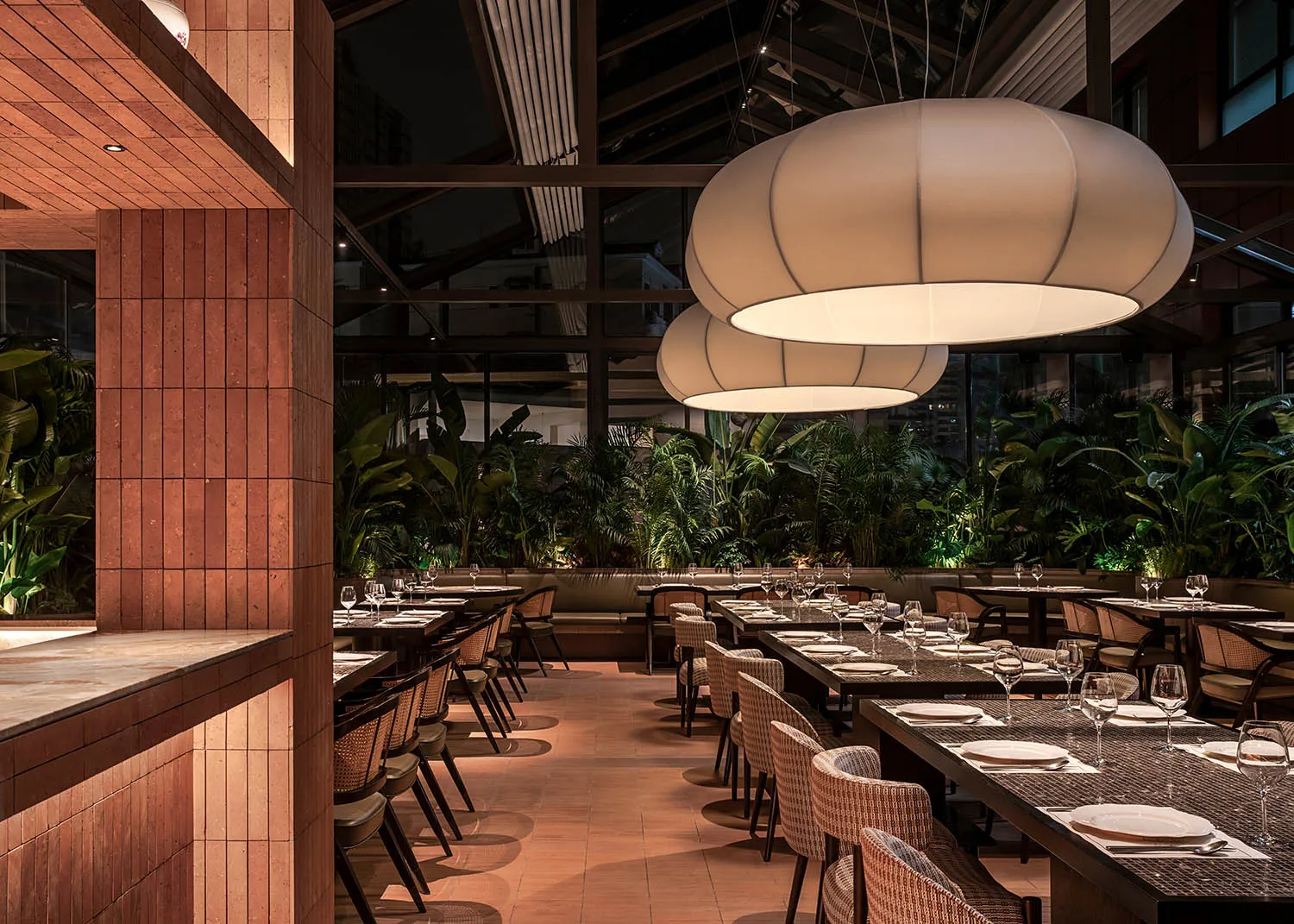 Modern restaurant with minimalist design and terrazzo flooring