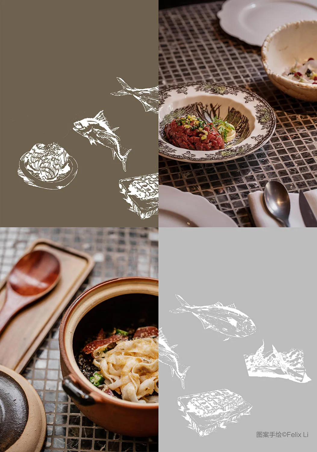Dishes presented on a table with black and white mosaic tiles, featuring a clay pot with noodles in a sauce and a plate with