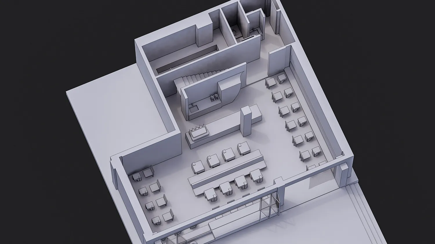 A 2D architectural drawing of a modern cafe with a concrete floor plan.