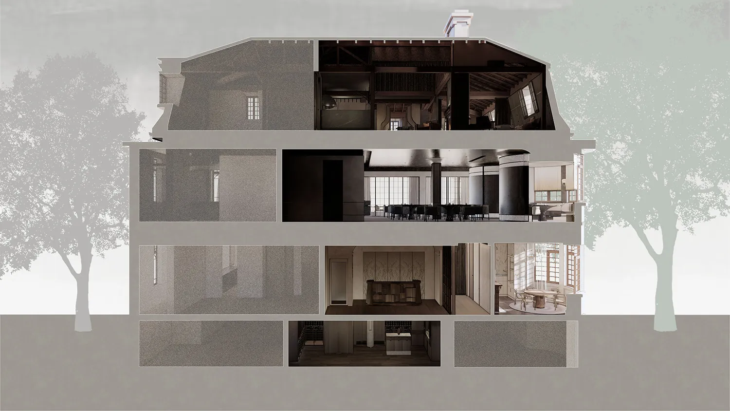 現代建築室內空間,展現木、玻璃、金屬與混凝土材質。