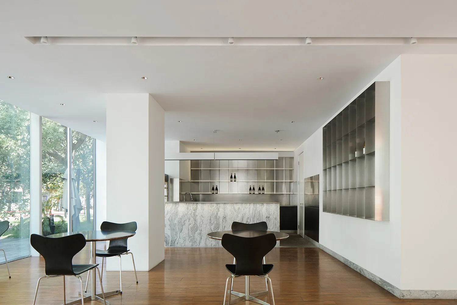 Modern kitchen with steel appliances and countertops