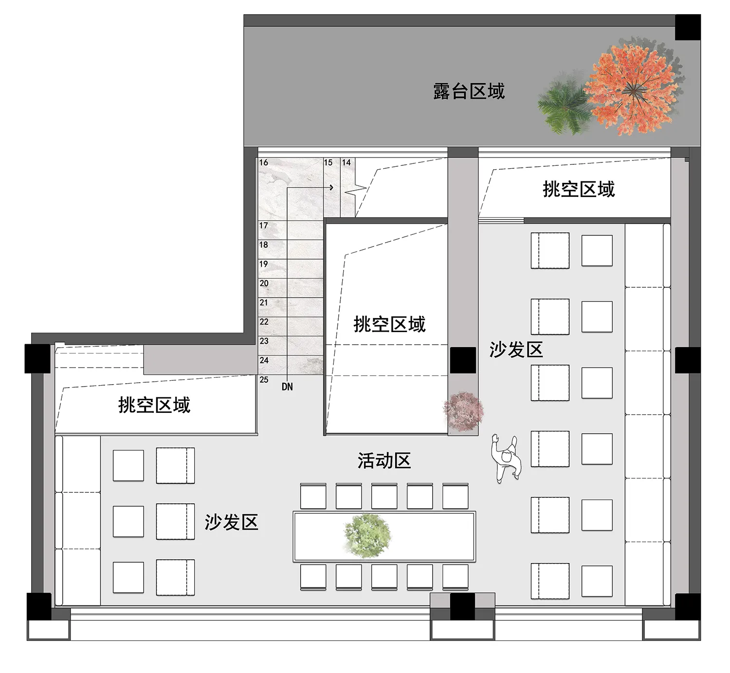 雙層辦公室空間的平面圖，標示不同功能區域。