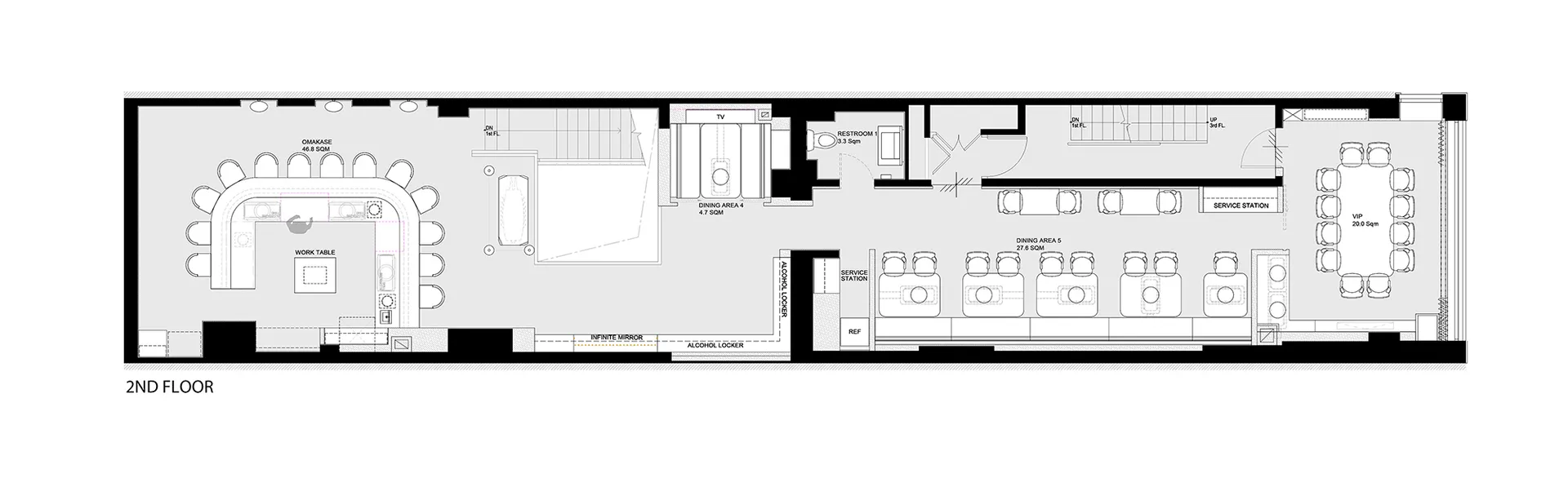 Floor plan of a modern restaurant on the second floor, featuring multiple dining areas with chairs and tables, a VIP area, wo