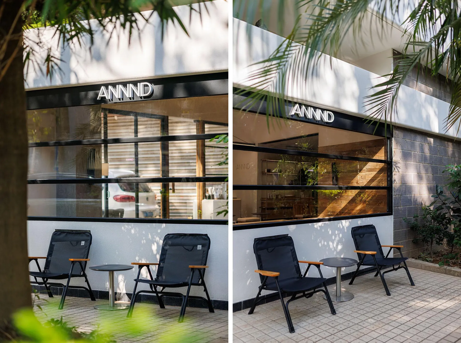 現代玻璃與混凝土咖啡店外觀，設有戶外座位區。