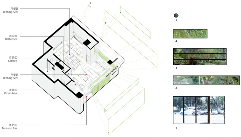 3D rendering of a restaurant interior plan showing different sections like dining area, kitchen, and order area.