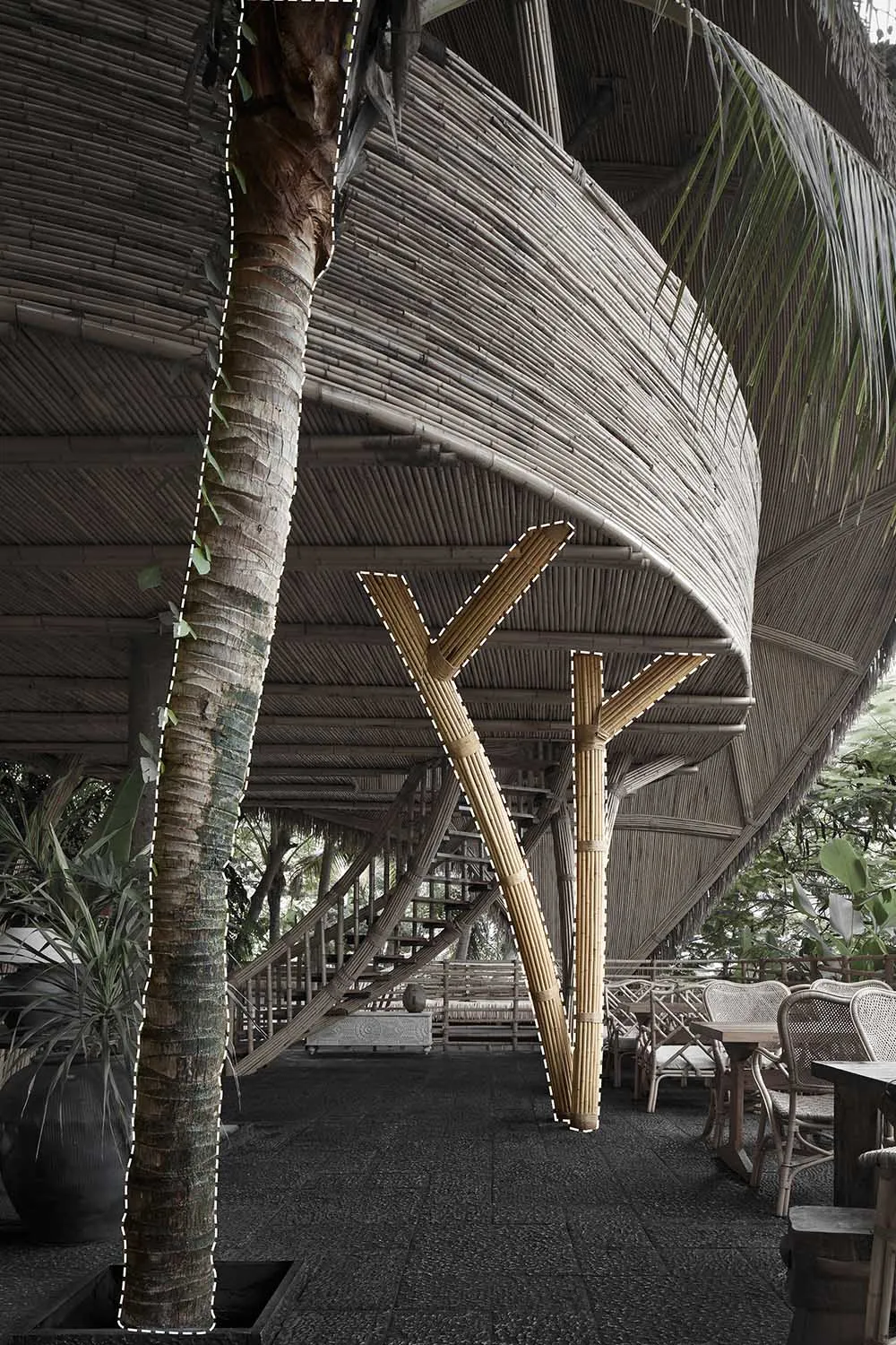 A modern interior space featuring a bamboo curtain construction