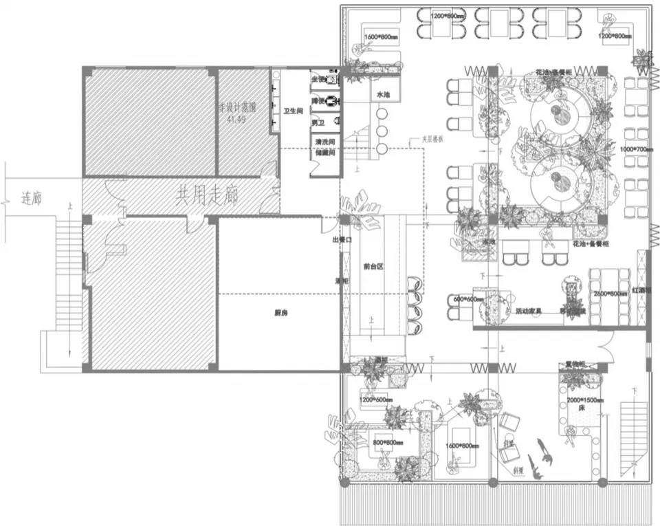 2D architectural drawing of a commercial interior layout with various rooms and spaces.
