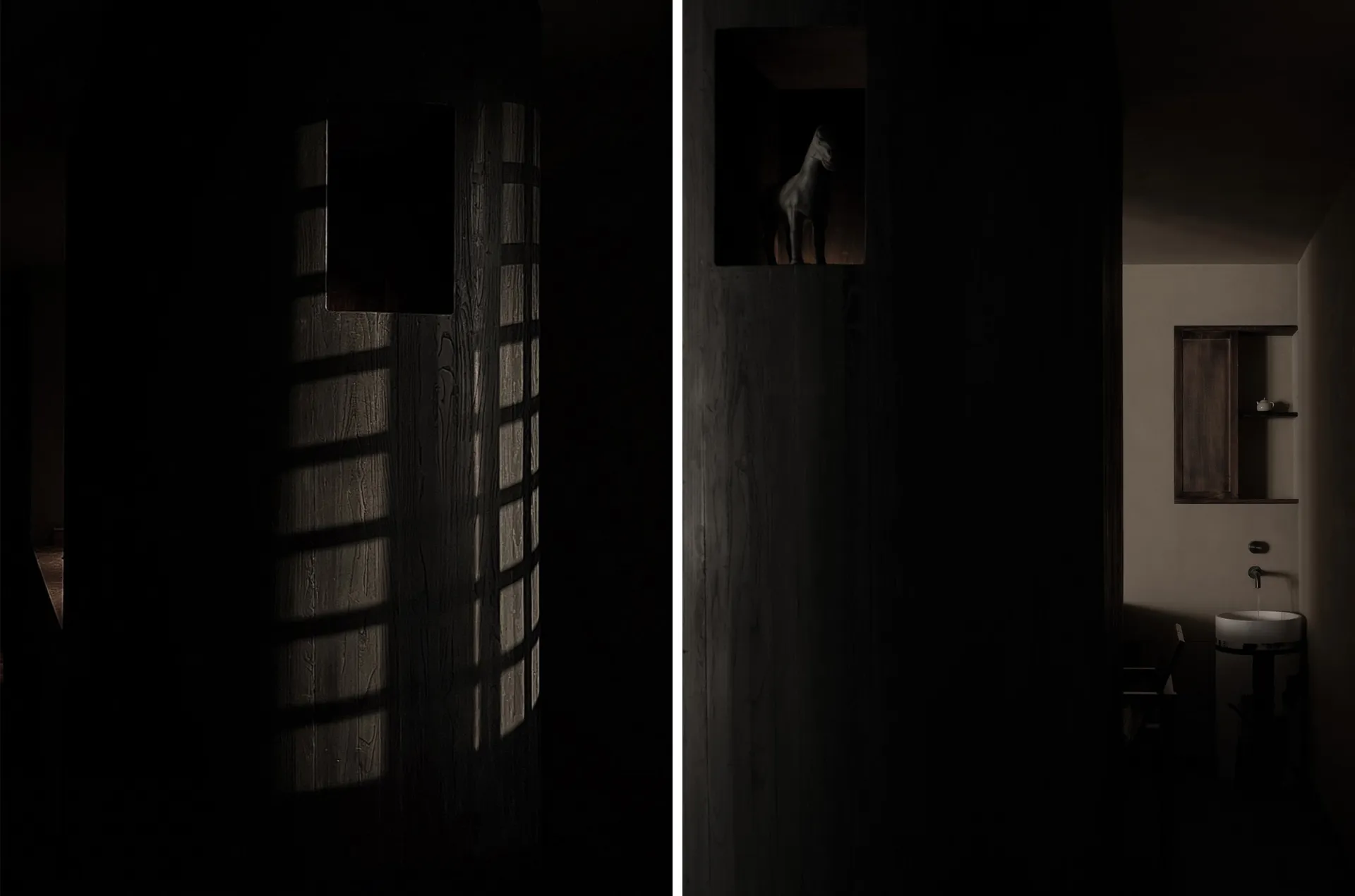 Dark interior with wooden walls and window shadows
