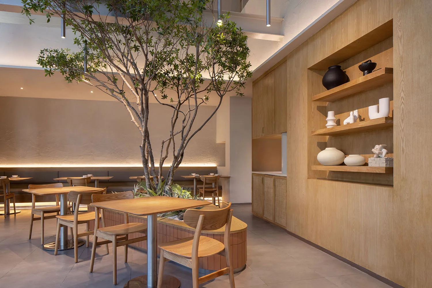 現代餐廳咖啡廳室內,搭配木質家具,中央擺放一棵樹並設有展示架。