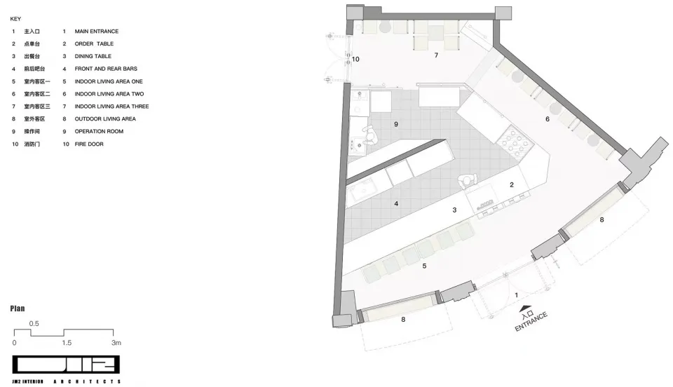 餐廳詳細建築平面圖,展示功能區域與整體配置。