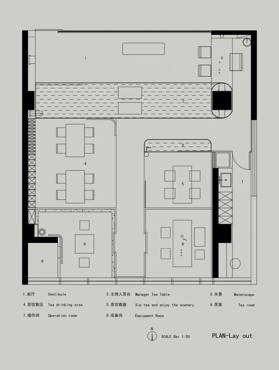 餐廳平面圖,展示餐桌、餐椅與其他室內元素。