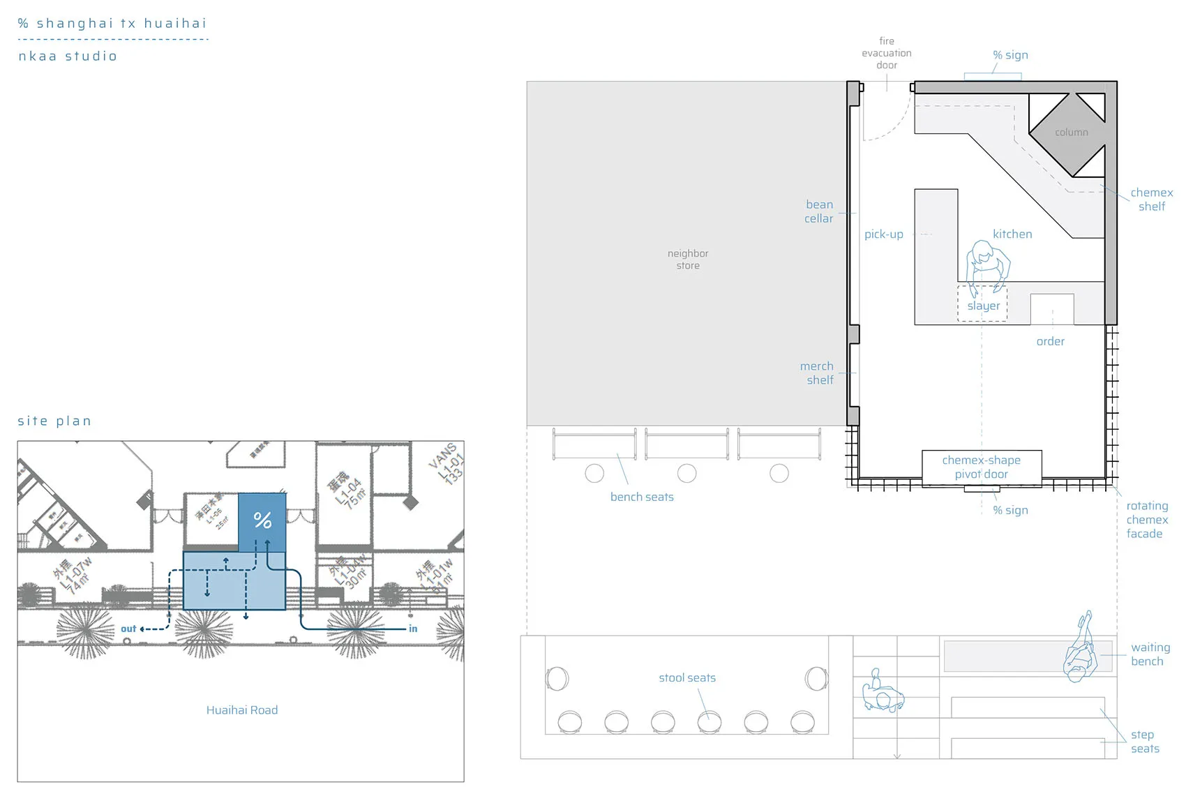 A floor plan of a modern coffee shop with concrete elements.