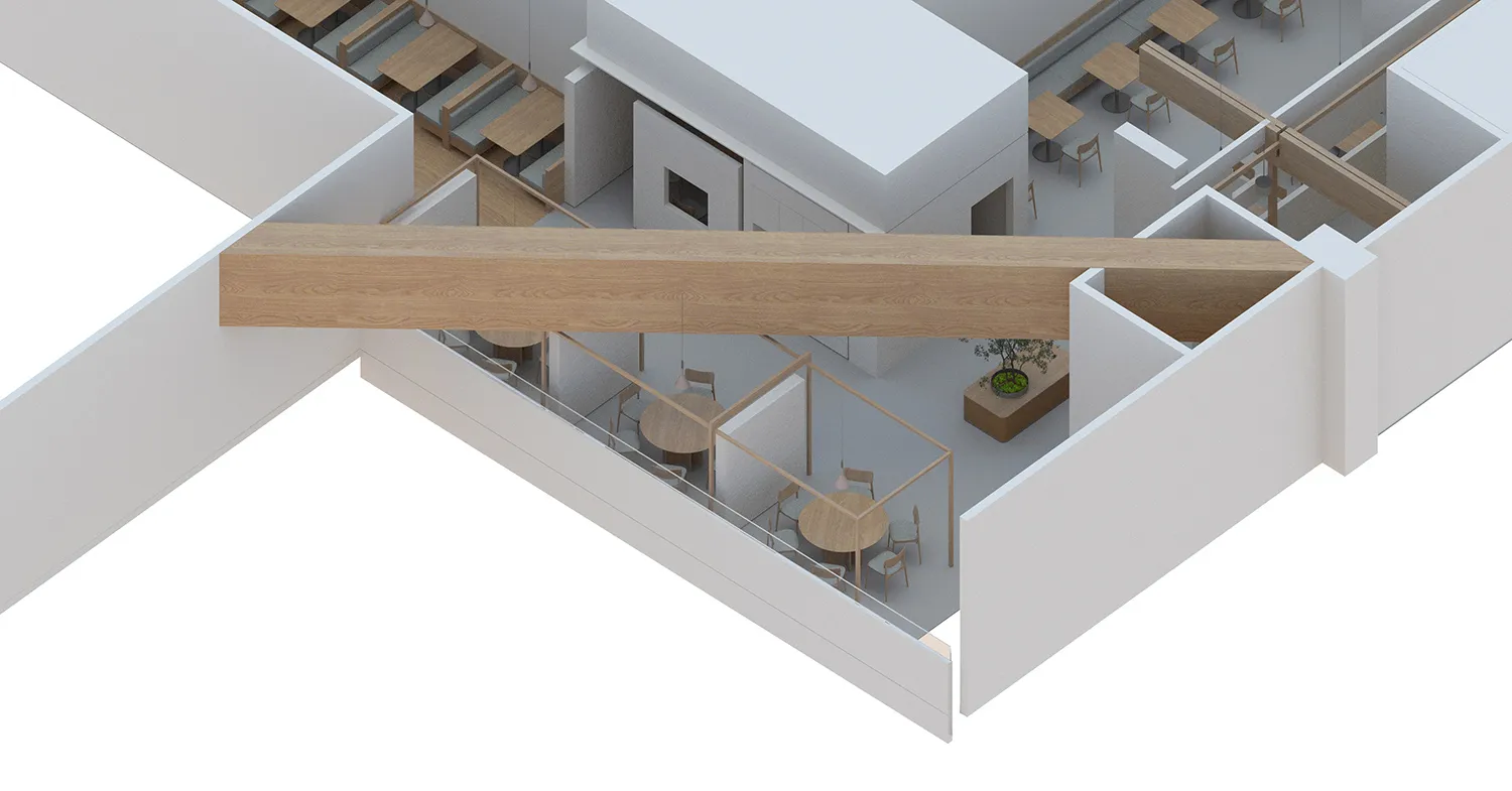 An overhead view of a modern restaurant with wooden elements