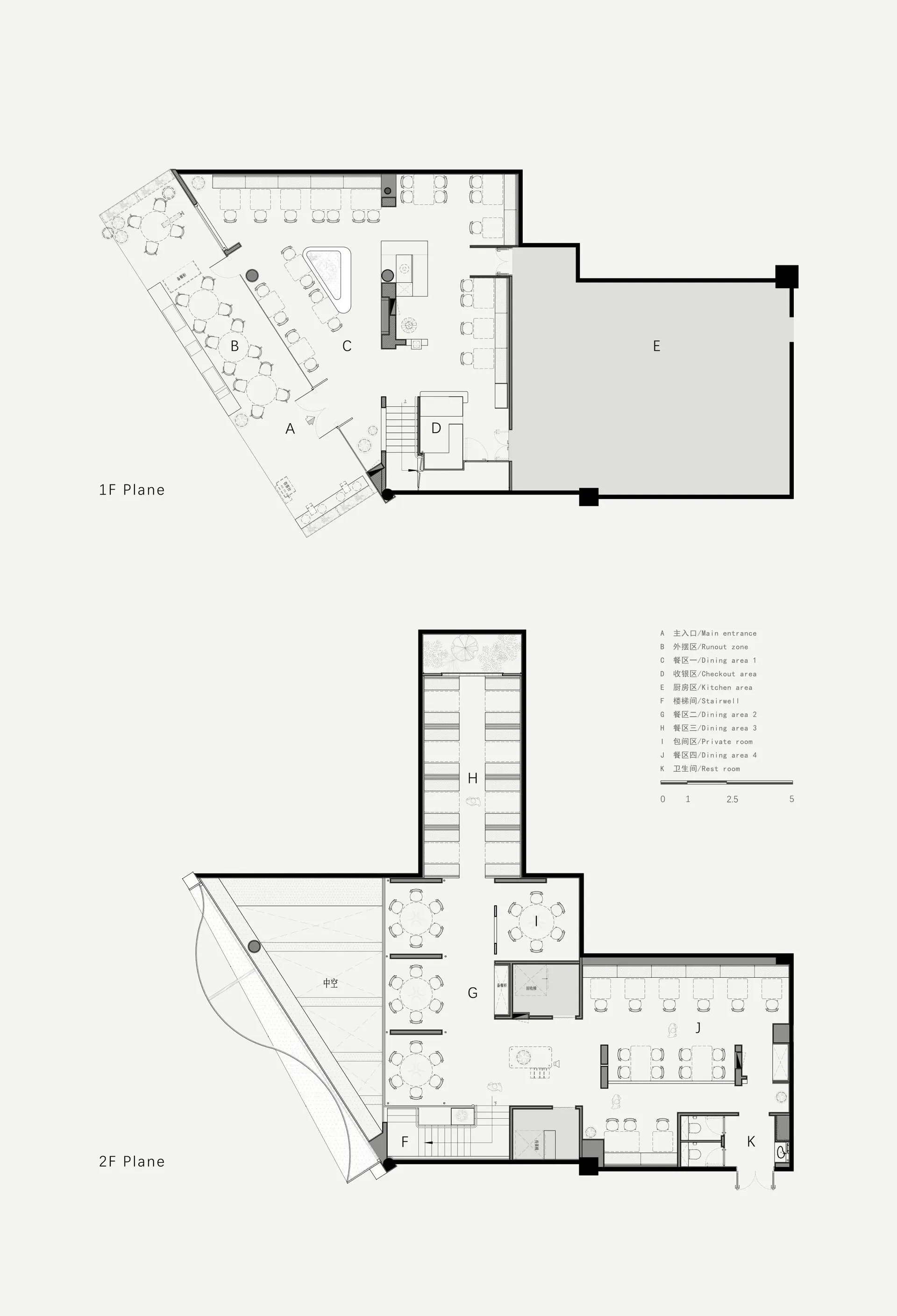 Detailed floor plan of a restaurant showing dining areas, kitchen, restrooms, and outdoor seating.