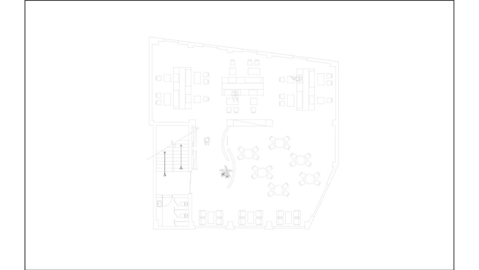 Floor plan of an office space showing desks, tables, and seating arrangements.