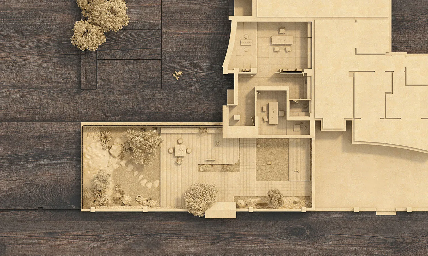 An overhead view of an apartment layout with wooden flooring.