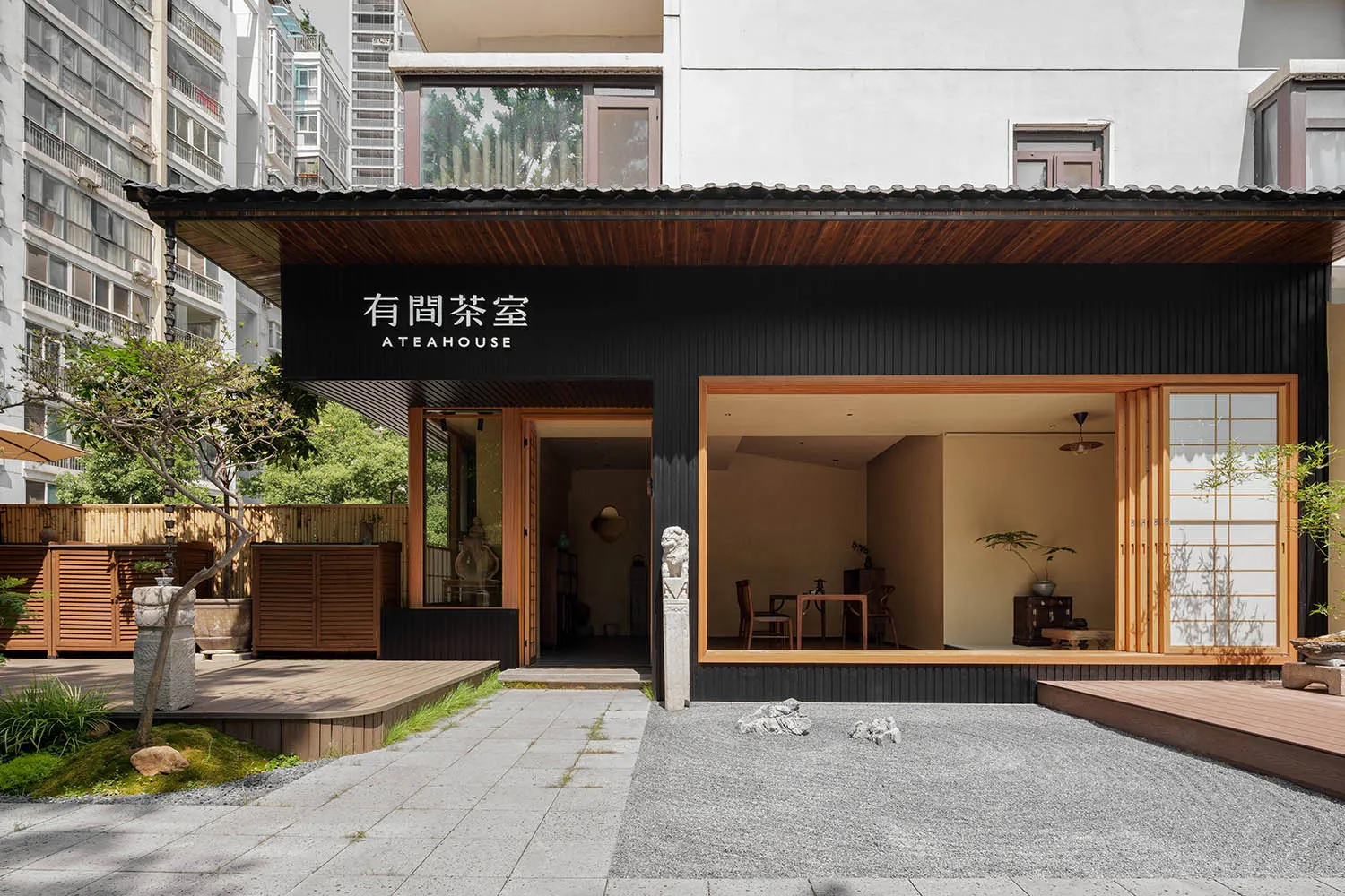 A sleek modern commercial interior with wooden accents, featuring a storefront with large windows and a minimalist design.