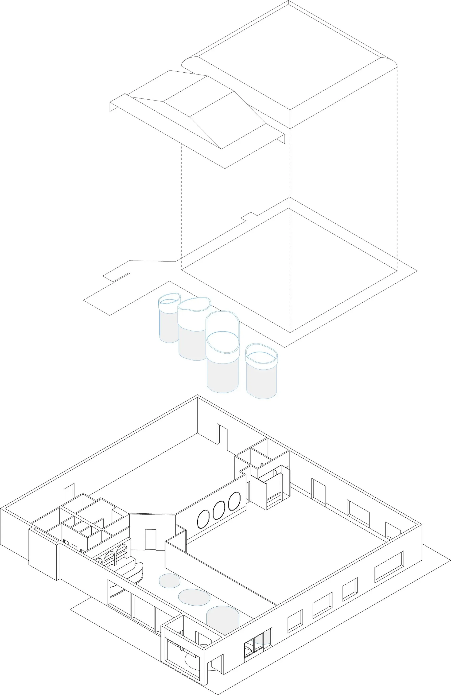 Modern office space with a glass ceiling and open floor plan
