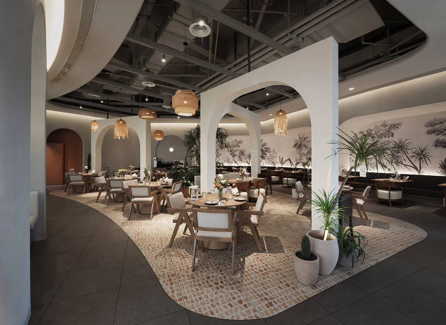 Minimalist commercial space featuring concrete tiles and industrial style pendant lights.
