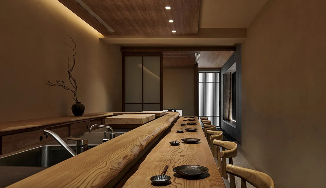 A modern restaurant interior with wooden elements and minimalist design.