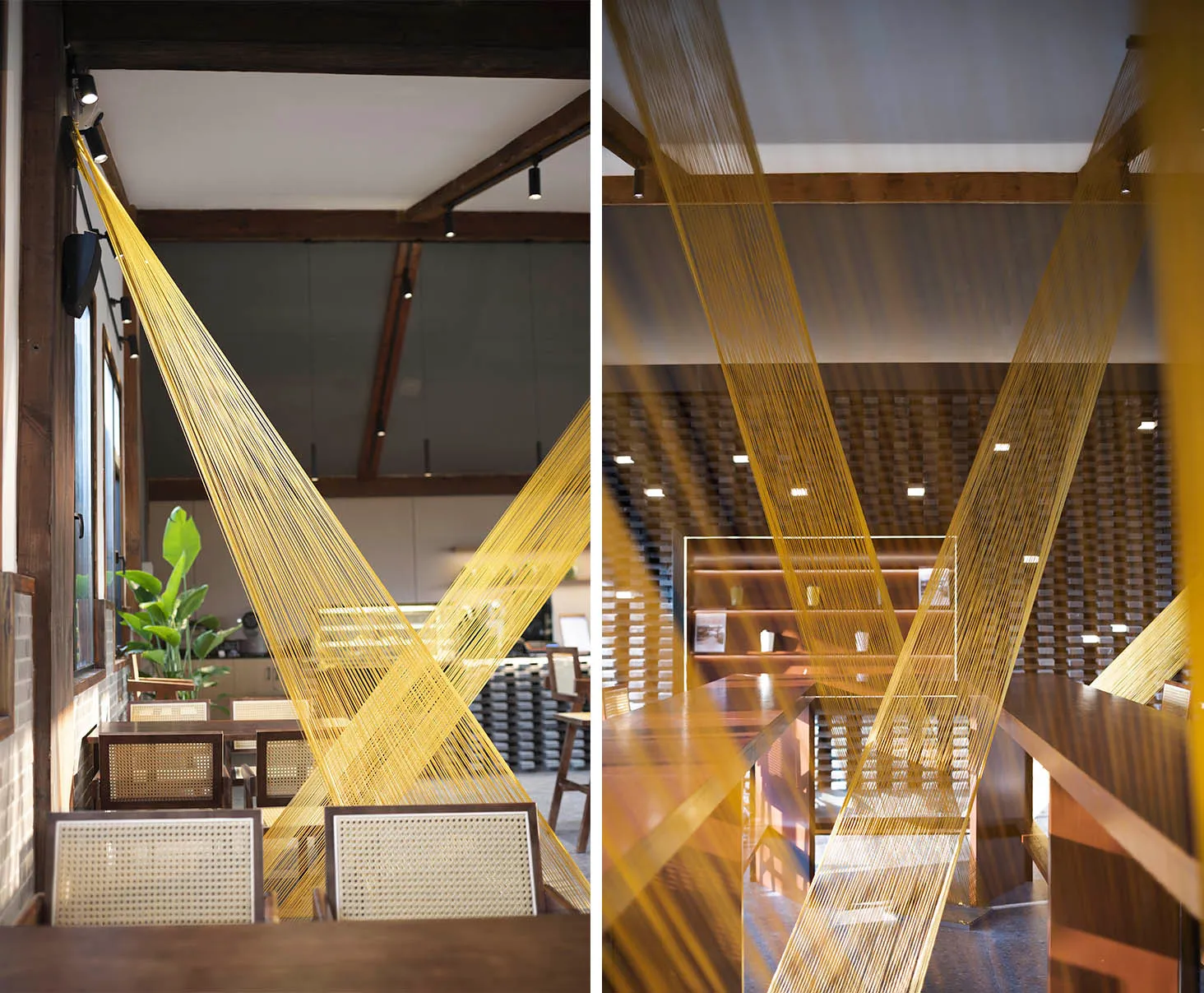 An industrial-style restaurant with wooden features and a geometric design.
