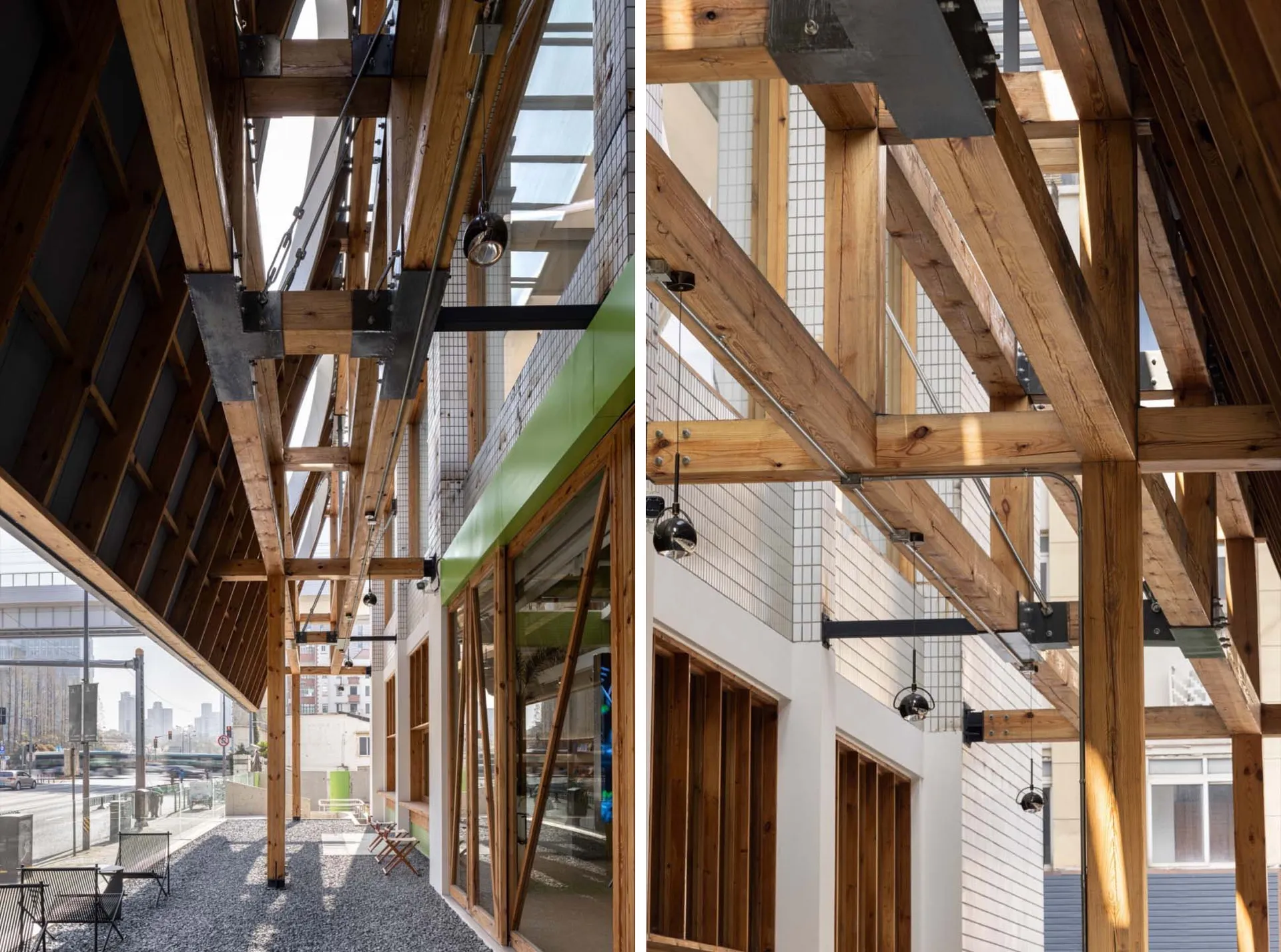 Modern industrial office space featuring wooden frames and steel structural elements.