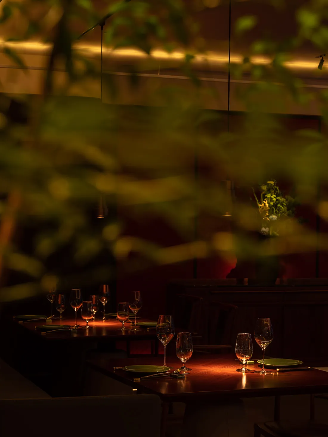 Modern restaurant interior with dark lighting and wooden tables and chairs, glassware, and green plates.