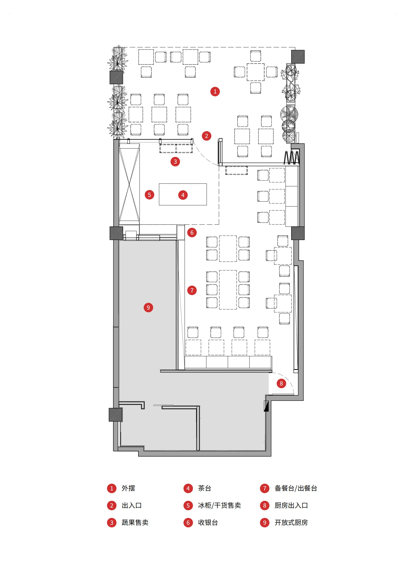 A detailed 2D architectural drawing showing the layout of a coffee shop interior with neutral materials.
