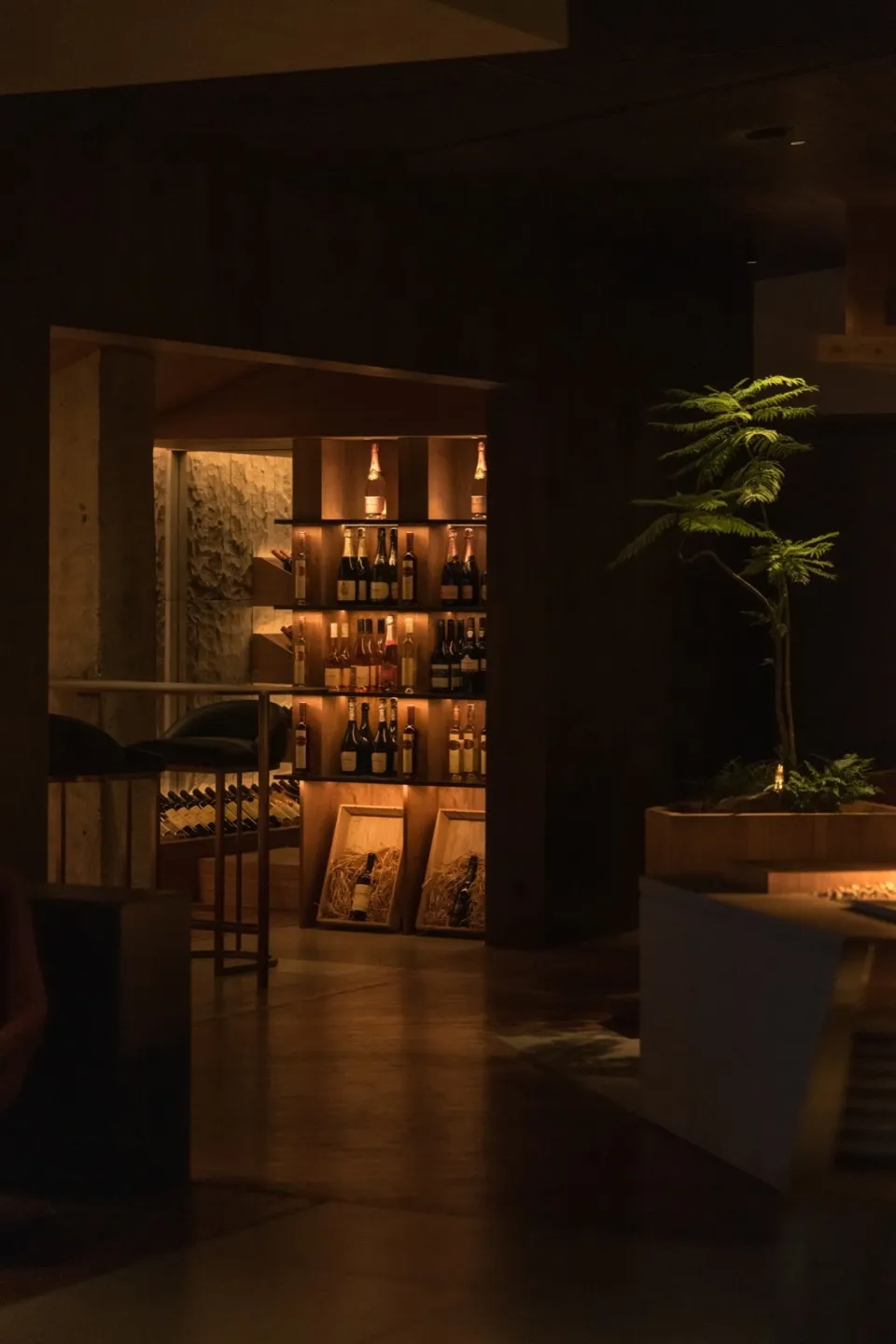 以現代風格呈現的酒吧空間，搭配木質飾面與發光層架。