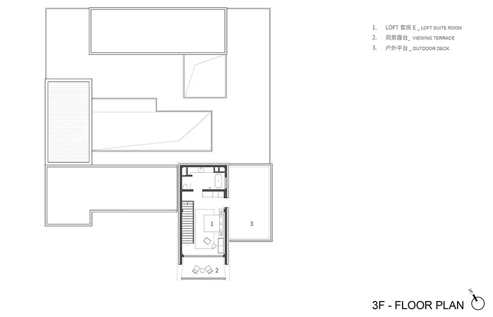 A 2D architectural drawing depicting the layout of a floor plan featuring living areas, a viewing terrace, and an outdoor dec