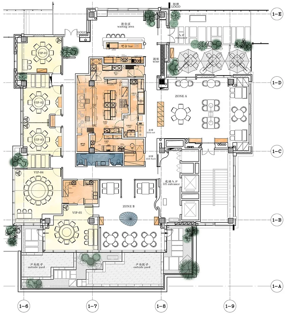 詳細的餐廳建築平面圖,展示多個用餐區域、VIP區、吧台以及戶外座位