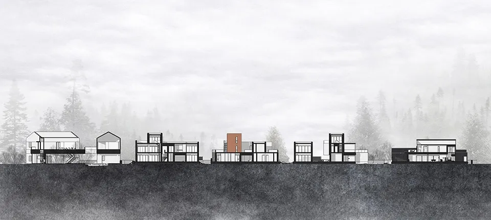 一座現代住宅建築,融合玻璃與混凝土等不同材質,坐落於傾斜地形上。