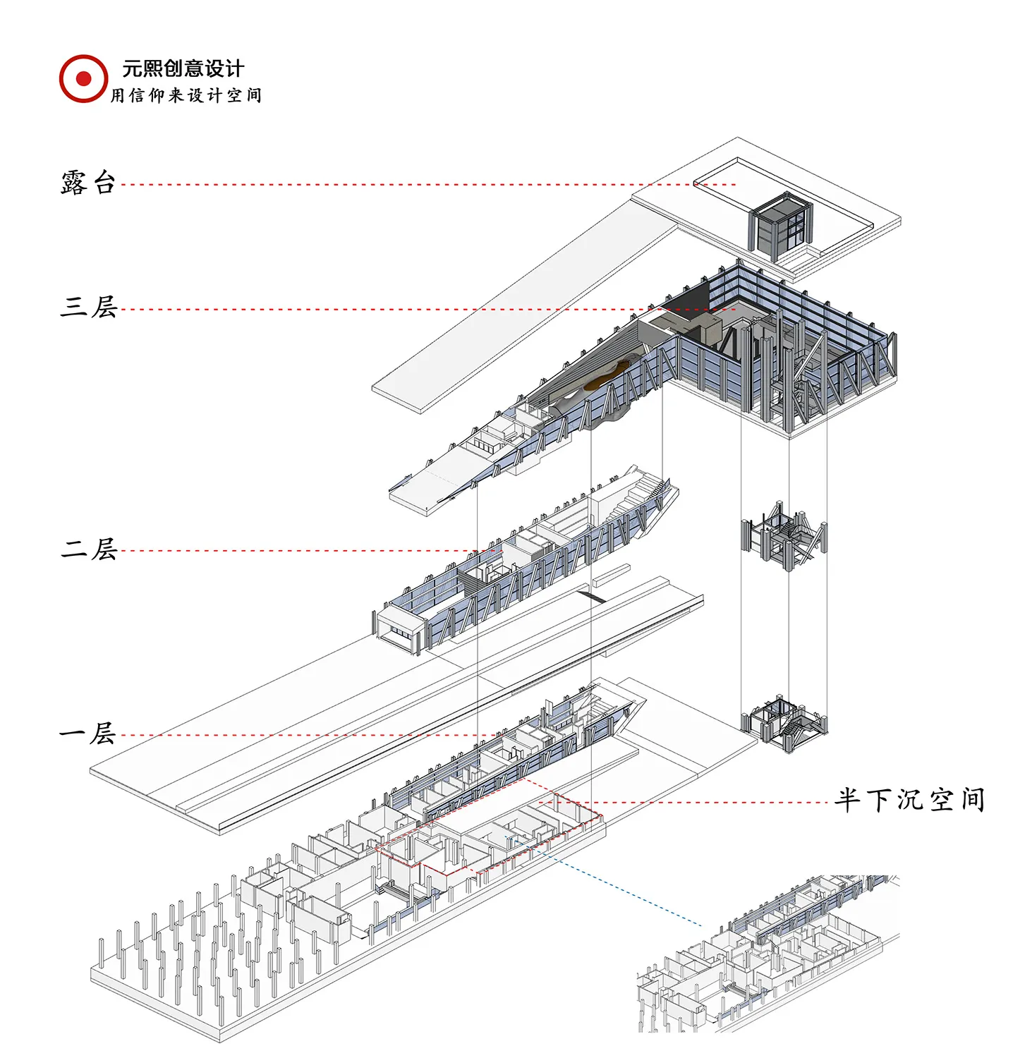 細膩的建築渲染圖，展示鋼構建築的裸露橫樑與結構元素。