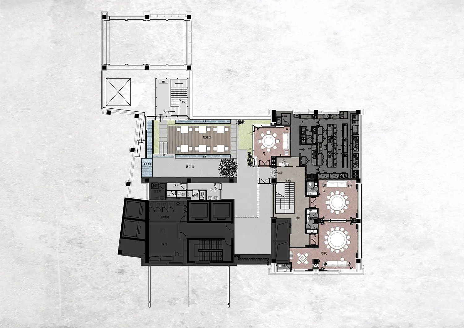 Floor plan of a modern office space with various functional zones.