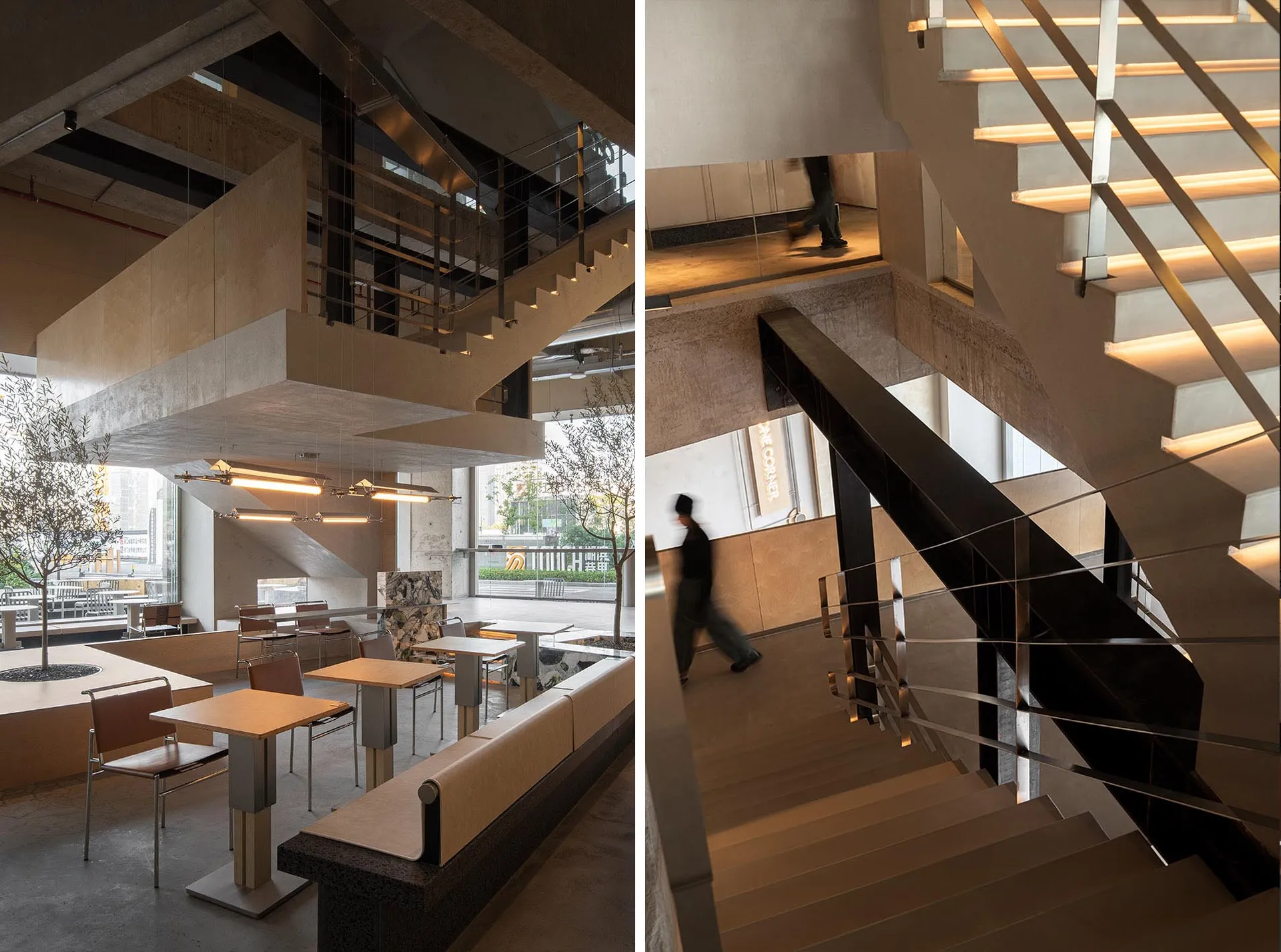 現代工業風餐廳室內,採用混凝土、玻璃與鋼材材質。