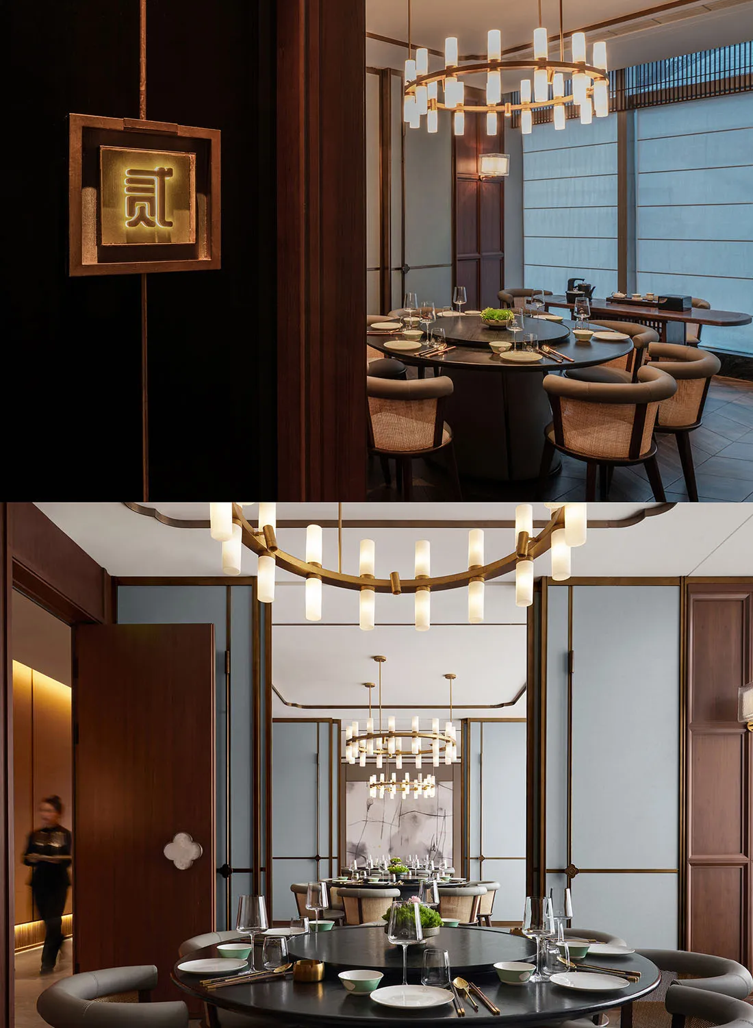 Modern restaurant interior with wooden accents and metal chandeliers.