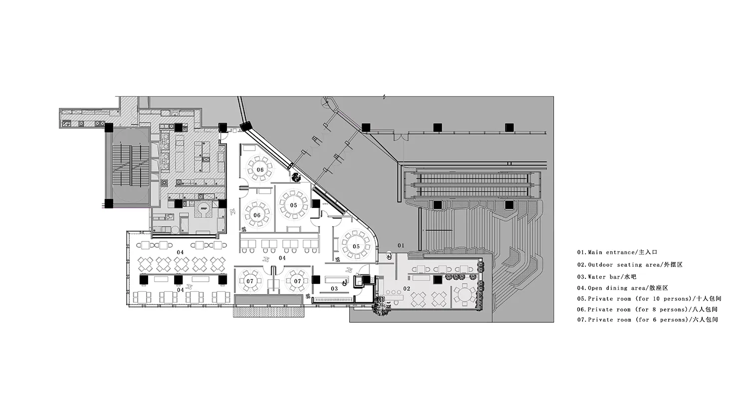 餐廳店面平面圖，標示主要入口、水吧、用餐區及包廂等區域。