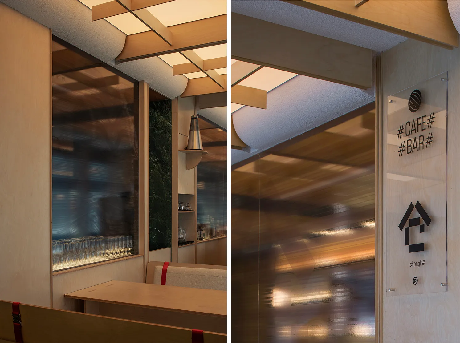 Interior design photograph of a modern cafe and bar featuring wooden materials and lighting.